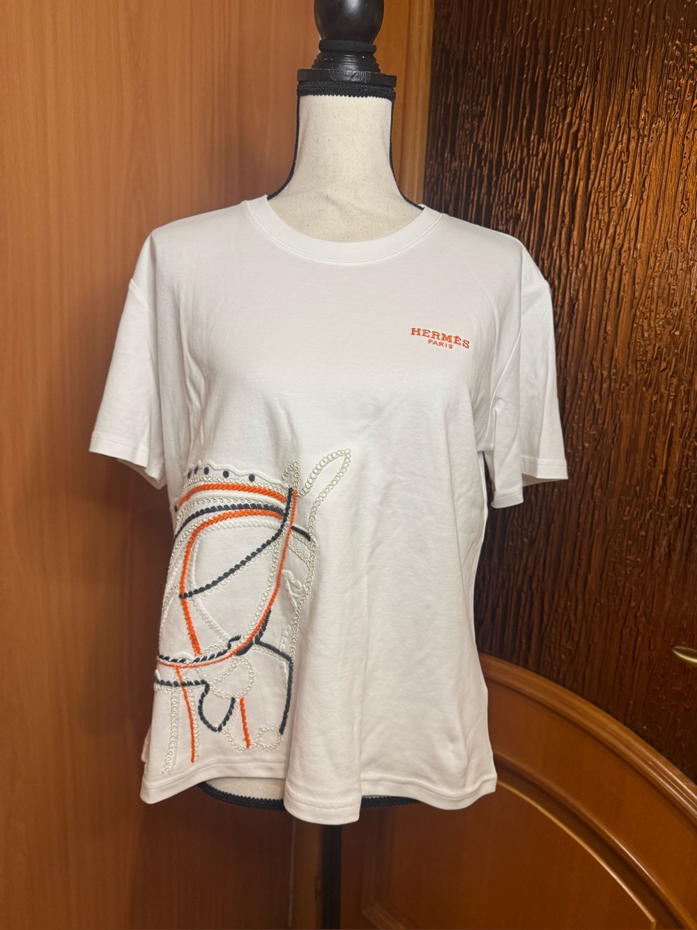 Hermes Black Short Sleeve cotton Tee with Orange & White Embroidery Sz L